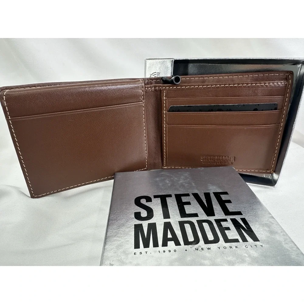Steve Madden Billfold Brown Leather Wallet With Back RFID New In Box